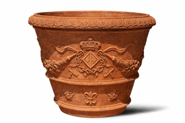 Reich verzierter Terracottatopf aus Impruneta mit Wappen und Insignien